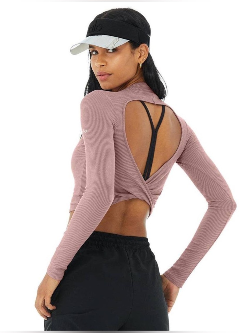 ALO Yoga Mauve Ribbed Long-Sleeve Twist Back Crop Top
